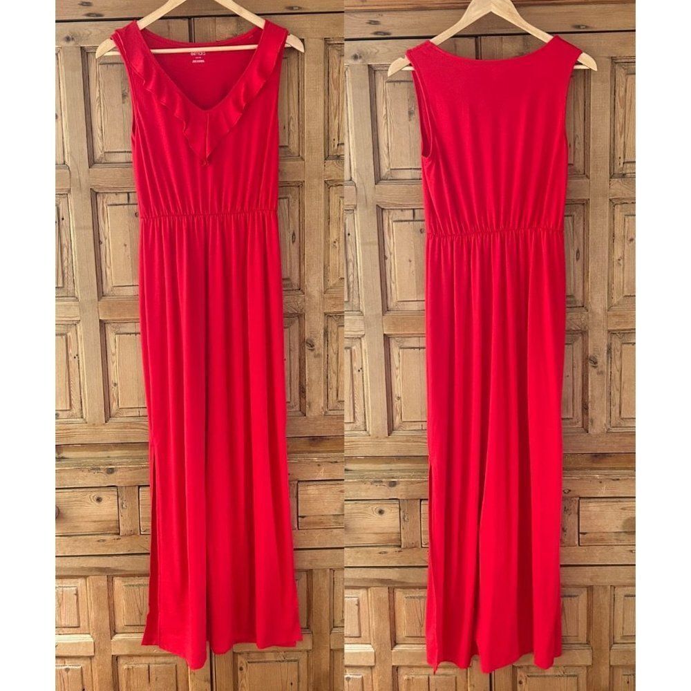 Esmara Women's Medium Red Maxi‎ V-Neck Sleeveless Dress Flowy Slits Viscose Long